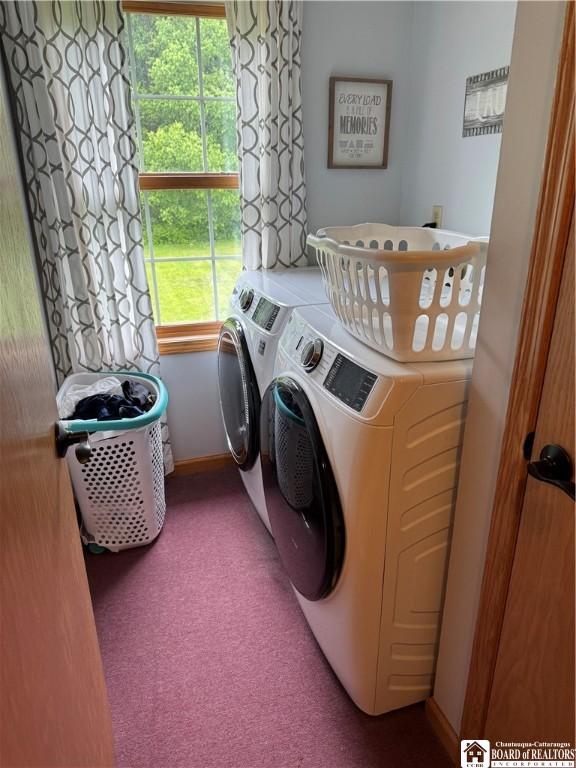 8900 Brownell Rd, Clymer, NY 14724 - washroom featuring separate washer and dryer, baseboards, and carpet flooring