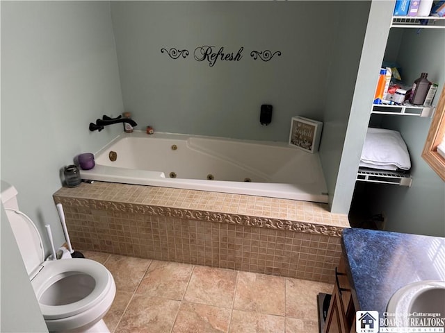 8900 Brownell Rd, Clymer, NY 14724 - bathroom with a whirlpool tub, toilet, vanity, and tile patterned flooring