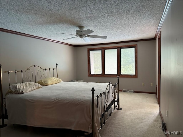 55 Hemlock Ln, Lancaster, NY 14086 - bedroom with ornamental molding, light colored carpet, baseboards, a textured ceiling, and a ceiling fan