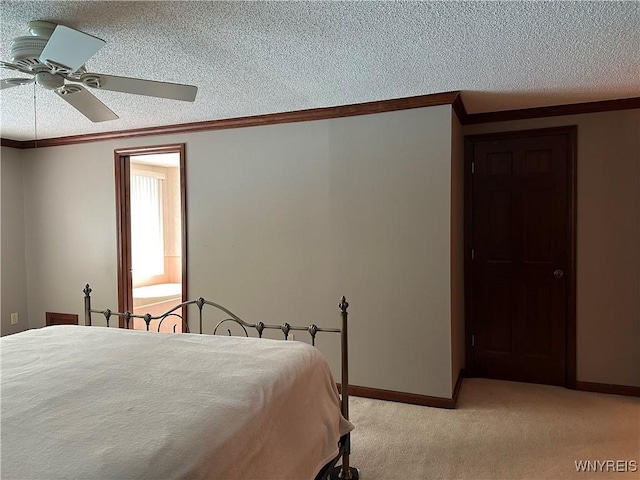 55 Hemlock Ln, Lancaster, NY 14086 - bedroom with a textured ceiling, light carpet, ornamental molding, baseboards, and a ceiling fan