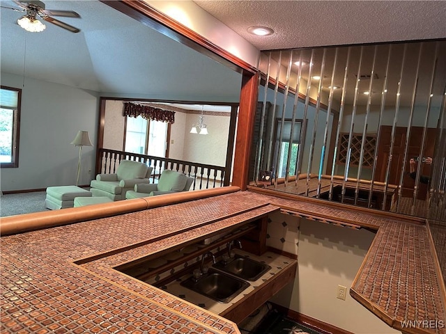 55 Hemlock Ln, Lancaster, NY 14086 - kitchen with a sink, a textured ceiling, baseboards, a ceiling fan, and carpet flooring
