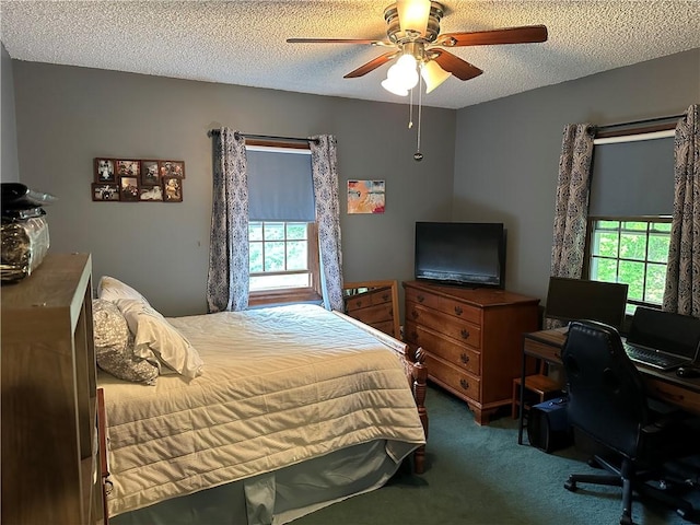390 Bolivar Dr, Foster-Town, PA 16701 - bedroom featuring multiple windows, carpet flooring, a textured ceiling, a desk, and a ceiling fan