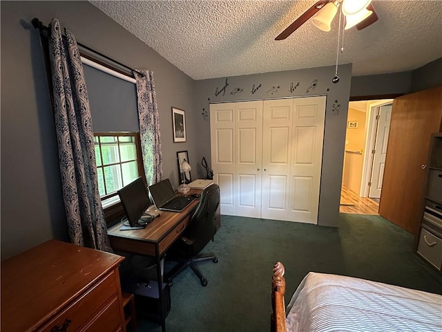 390 Bolivar Dr, Foster-Town, PA 16701 - carpeted bedroom featuring a textured ceiling, a closet, a desk, and ceiling fan