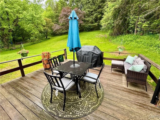 8521 Cazenovia Rd, Pompey, NY 13104 - deck featuring outdoor dining space, a yard, a grill, and a forest view