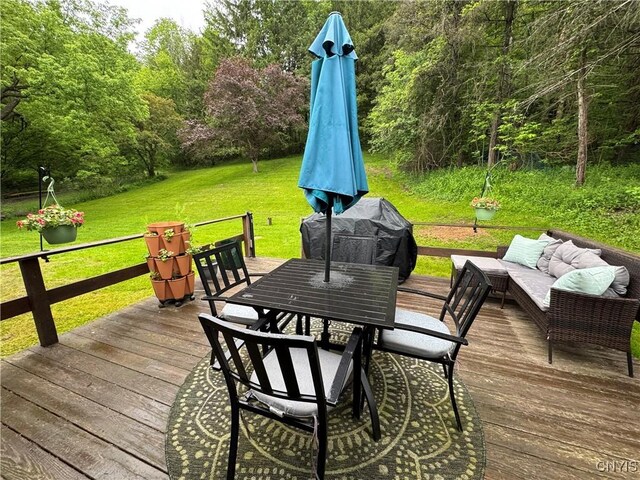 8521 Cazenovia Rd, Pompey, NY 13104 - deck with area for grilling, outdoor dining space, and a lawn