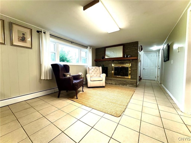 8521 Cazenovia Rd, Pompey, NY 13104 - living area featuring light tile patterned floors, a brick fireplace, baseboards, and a baseboard heating unit