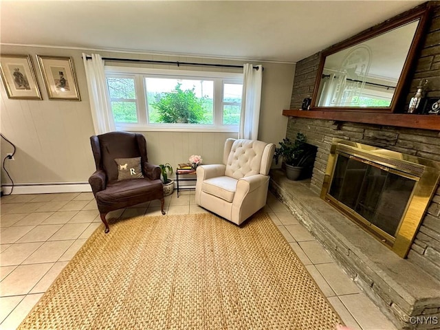 8521 Cazenovia Rd, Pompey, NY 13104 - sitting room featuring light tile patterned flooring, a fireplace, baseboard heating, baseboards, and ornamental molding
