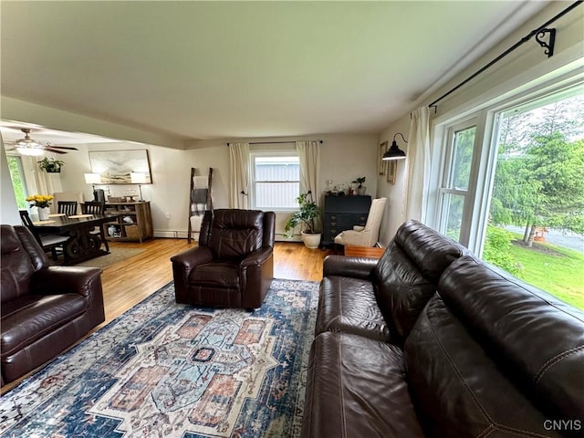 8521 Cazenovia Rd, Pompey, NY 13104 - living room with wood finished floors, baseboard heating, and a ceiling fan