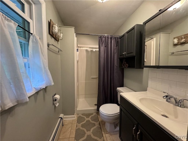 8521 Cazenovia Rd, Pompey, NY 13104 - bathroom with toilet, a shower stall, vanity, tasteful backsplash, and tile patterned flooring