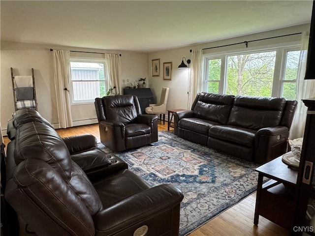 8521 Cazenovia Rd, Pompey, NY 13104 - living room featuring wood finished floors and a baseboard heating unit