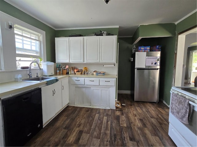 78 W Main St, Sidney, NY 13838 - kitchen featuring freestanding refrigerator, dishwasher, white electric stove, a sink, and crown molding