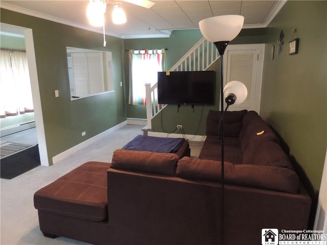 3931 S Ralph Ave, Ellery, NY 14712 - living area with stairway, carpet, crown molding, ceiling fan, and baseboards