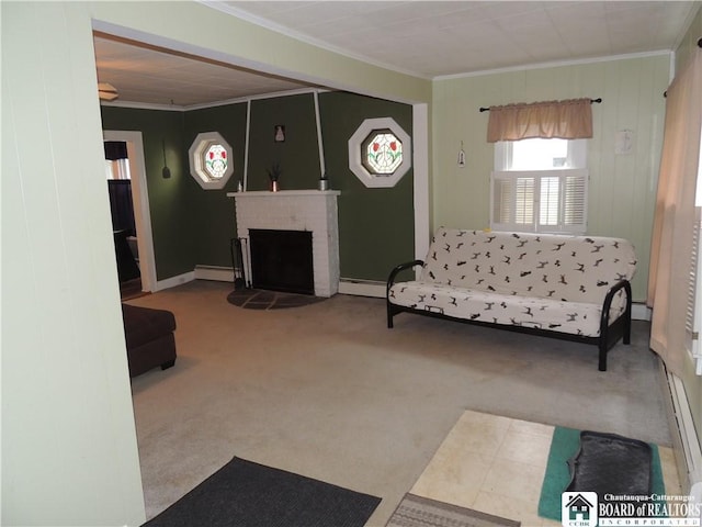 3931 S Ralph Ave, Ellery, NY 14712 - living room featuring crown molding, baseboard heating, carpet floors, a fireplace, and a baseboard radiator