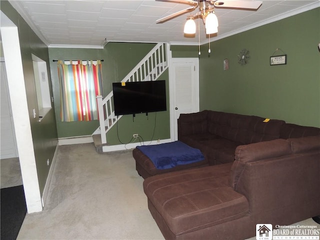 3931 S Ralph Ave, Ellery, NY 14712 - living area with stairway, a ceiling fan, carpet, crown molding, and baseboards