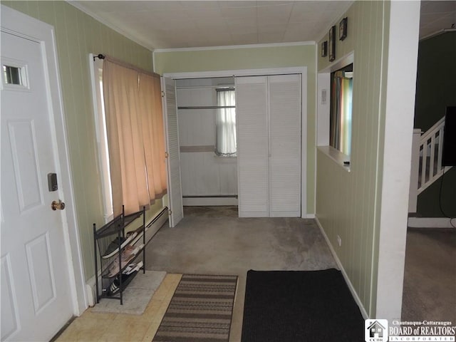 3931 S Ralph Ave, Ellery, NY 14712 - entrance foyer with baseboard heating, ornamental molding, and light colored carpet