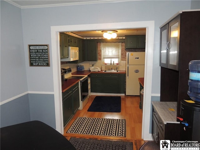 3931 S Ralph Ave, Ellery, NY 14712 - kitchen featuring electric range oven, freestanding refrigerator, white microwave, a sink, and light wood finished floors