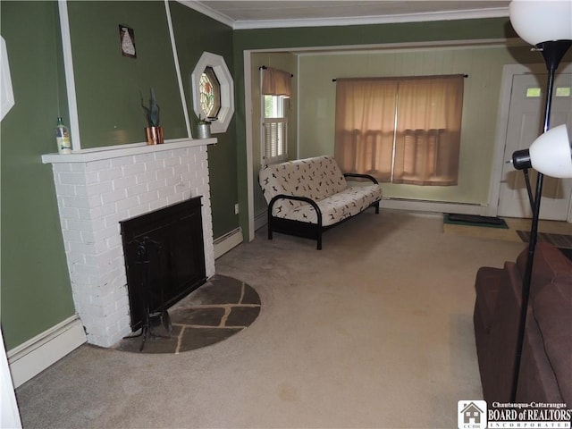 3931 S Ralph Ave, Ellery, NY 14712 - living area featuring crown molding, carpet flooring, a brick fireplace, and baseboards