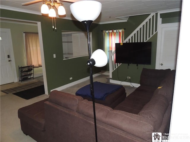 3931 S Ralph Ave, Ellery, NY 14712 - living room with stairway, crown molding, and a ceiling fan