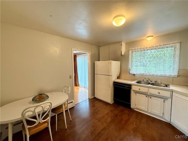 107 Rosewell Mdw, Dewitt, NY 13214 - kitchen featuring black dishwasher, freestanding refrigerator, a sink, dark wood-type flooring, and light countertops