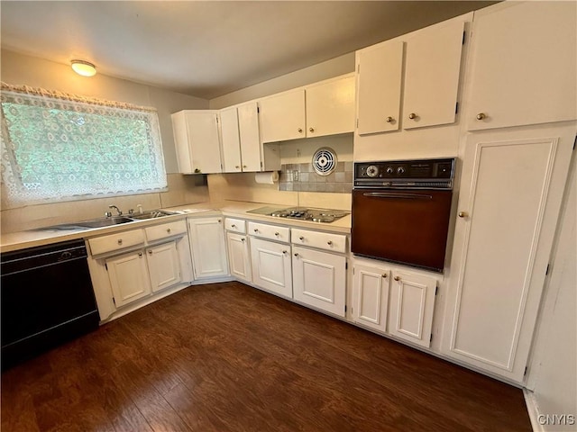 107 Rosewell Mdw, Dewitt, NY 13214 - kitchen featuring black appliances, white cabinetry, dark wood-style floors, light countertops, and backsplash