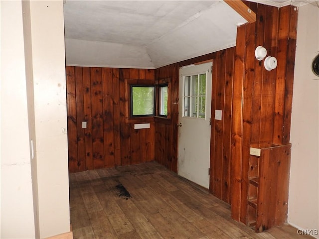 1893 Preble Rd, Preble, NY 13141 - entrance foyer featuring hardwood / wood-style floors, wood walls, and lofted ceiling
