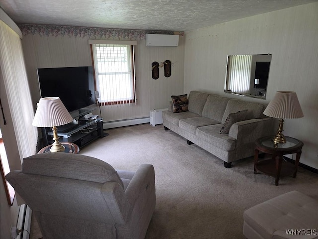 4654 Patricia Dr, Niagara Falls, NY 14305 - carpeted living room with a wall mounted air conditioner, a baseboard radiator, a textured ceiling, and baseboards