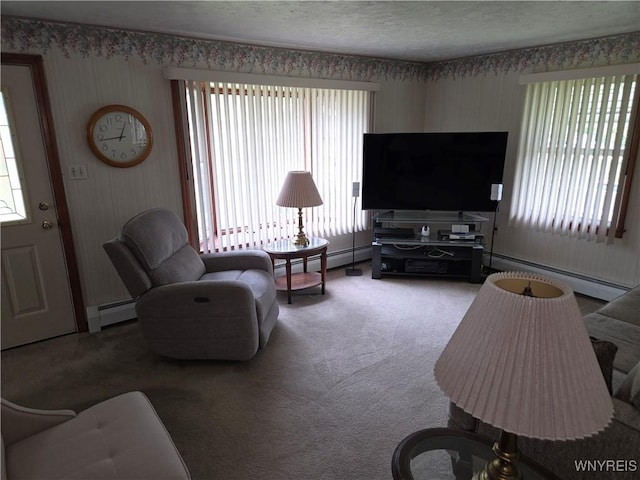 4654 Patricia Dr, Niagara Falls, NY 14305 - living area with baseboard heating, carpet floors, plenty of natural light, and a textured ceiling