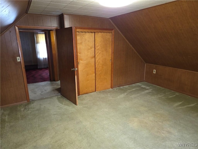 4654 Patricia Dr, Niagara Falls, NY 14305 - additional living space featuring wood walls, vaulted ceiling, and carpet flooring