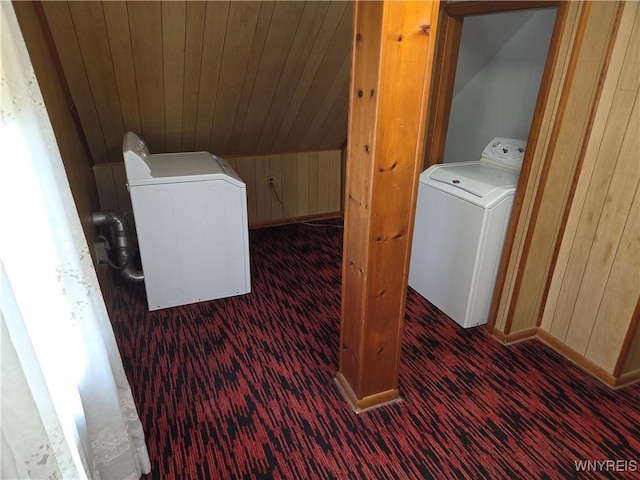 4654 Patricia Dr, Niagara Falls, NY 14305 - washroom featuring washer / dryer, carpet, baseboards, wood walls, and wooden ceiling