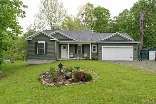 8484 Laura Ln, Richmond, NY 14471 - ranch-style home with a porch, an attached garage, driveway, a front yard, and a shingled roof