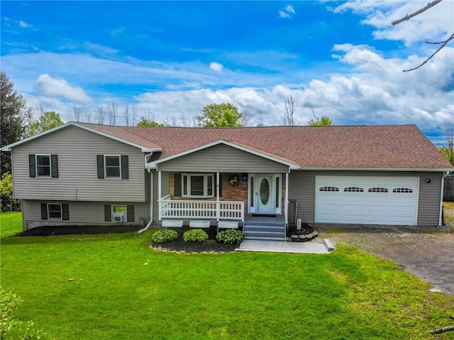 3638 Gorton Rd, Corning, NY 14830 - tri-level home with a porch, dirt driveway, a front lawn, a garage, and a shingled roof