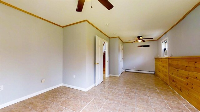 3638 Gorton Rd, Corning, NY 14830 - spare room featuring ceiling fan, baseboard heating, ornamental molding, and baseboards