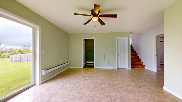 3638 Gorton Rd, Corning, NY 14830 - spare room featuring baseboard heating, healthy amount of natural light, stairs, and a ceiling fan