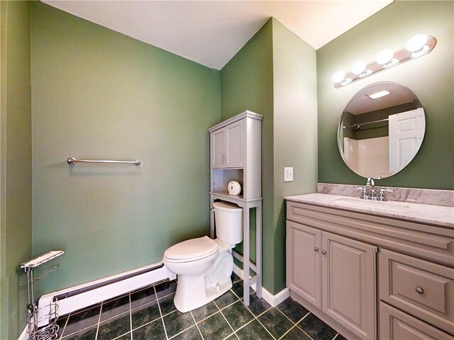 3638 Gorton Rd, Corning, NY 14830 - bathroom with a baseboard heating unit, vanity, tile patterned flooring, toilet, and baseboards