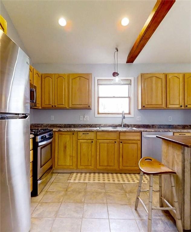 3638 Gorton Rd, Corning, NY 14830 - kitchen with appliances with stainless steel finishes, a sink, dark countertops, recessed lighting, and beamed ceiling