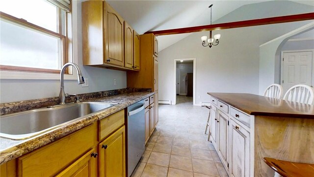 3638 Gorton Rd, Corning, NY 14830 - kitchen with a sink, stainless steel dishwasher, dark countertops, vaulted ceiling, and a chandelier
