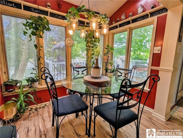 16 Ellis Ave, Jamestown, NY 14701 - dining space featuring vaulted ceiling, wood finished floors, a chandelier, healthy amount of natural light, and baseboards