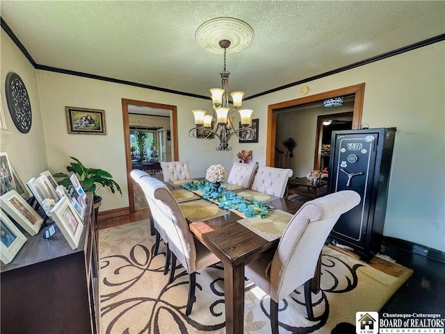 16 Ellis Ave, Jamestown, NY 14701 - dining room featuring crown molding, a chandelier, a textured ceiling, baseboards, and light wood-type flooring