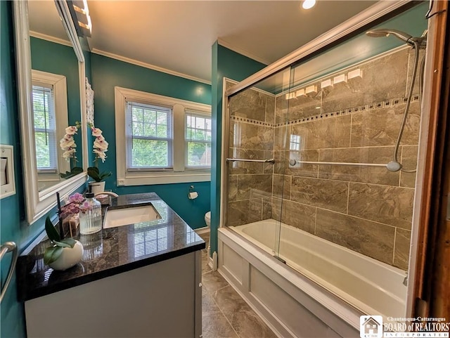 16 Ellis Ave, Jamestown, NY 14701 - full bathroom with vanity, plenty of natural light, ornamental molding, toilet, and shower / washtub combination