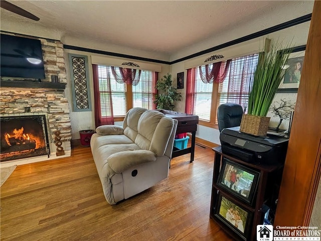 16 Ellis Ave, Jamestown, NY 14701 - living area with plenty of natural light, a textured ceiling, wood finished floors, and a stone fireplace