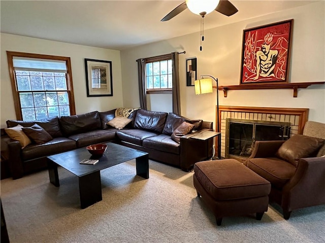 32 Bon Air Ave, Bradford-City, PA 16701 - carpeted living area with ceiling fan and a brick fireplace