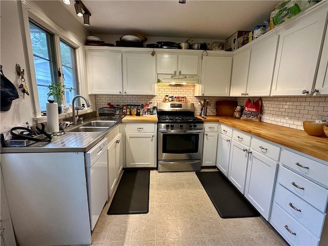 32 Bon Air Ave, Bradford-City, PA 16701 - kitchen featuring stainless steel range with gas cooktop, white dishwasher, a sink, under cabinet range hood, and wooden counters