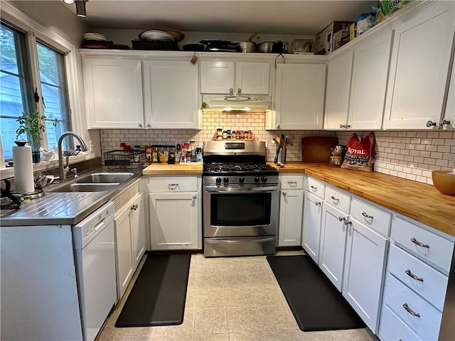 32 Bon Air Ave, Bradford-City, PA 16701 - kitchen featuring butcher block countertops, stainless steel range with gas cooktop, under cabinet range hood, and a sink