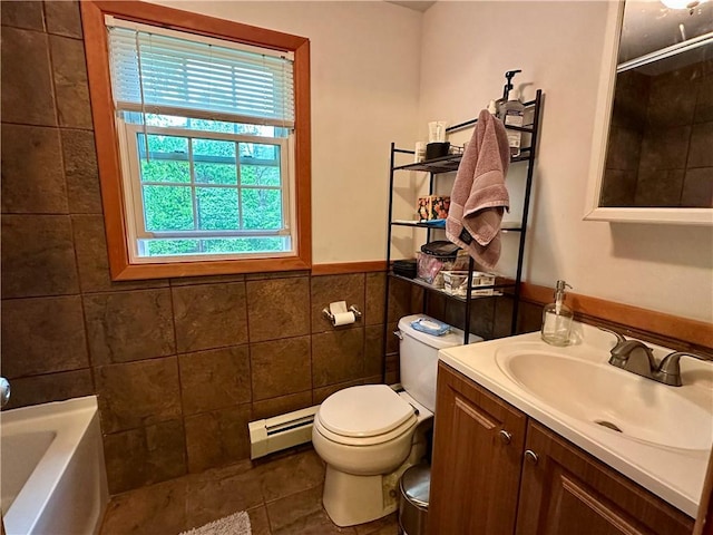 32 Bon Air Ave, Bradford-City, PA 16701 - full bathroom with a baseboard radiator, tile walls, healthy amount of natural light, toilet, and a tub to relax in