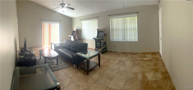 7290 State Route 80, Fabius, NY 13063 - living area featuring a ceiling fan, lofted ceiling, and baseboards