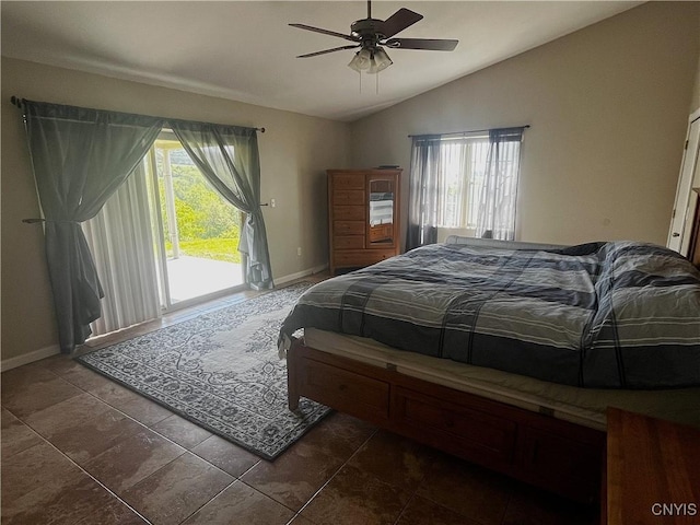 7290 State Route 80, Fabius, NY 13063 - bedroom with access to outside, lofted ceiling, baseboards, and a ceiling fan