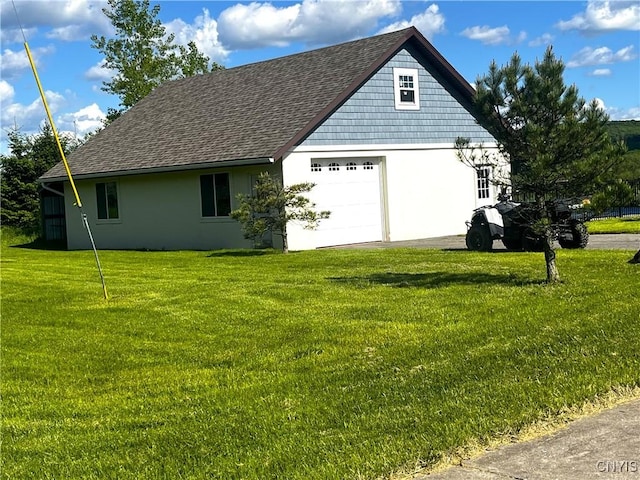 7290 State Route 80, Fabius, NY 13063 - view of side of home featuring a shingled roof, stucco siding, a yard, and an attached garage