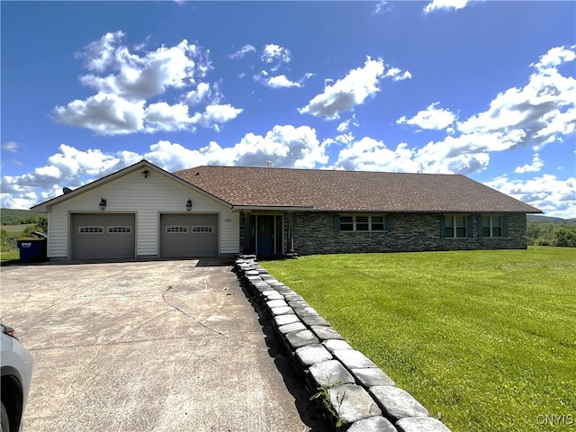 7290 State Route 80, Fabius, NY 13063 - single story home featuring a front lawn, an attached garage, stone siding, and concrete driveway