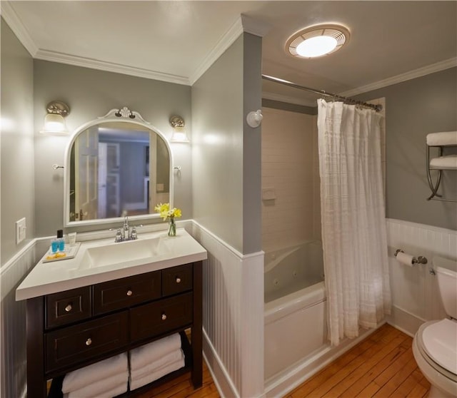 3402 W Lake Rd, Canandaigua Town, NY 14424 - full bathroom featuring toilet, hardwood / wood-style flooring, shower / bath combo with shower curtain, crown molding, and vanity
