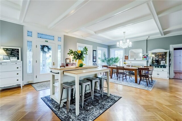 3402 W Lake Rd, Canandaigua Town, NY 14424 - dining space featuring a chandelier, coffered ceiling, beamed ceiling, and crown molding